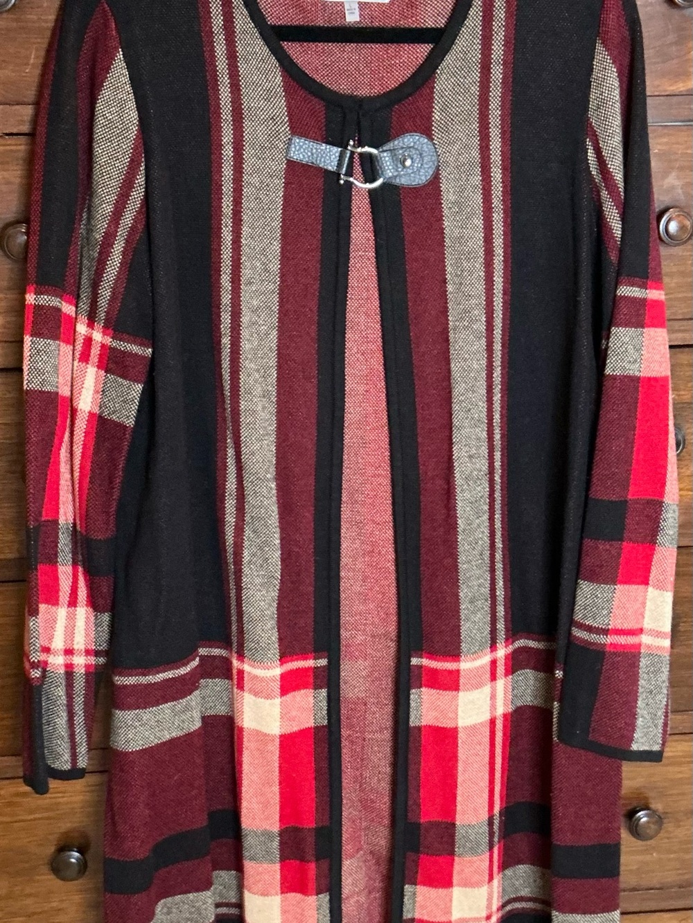 Womens Red Plaid Longline Sweater Cardigan - Size L